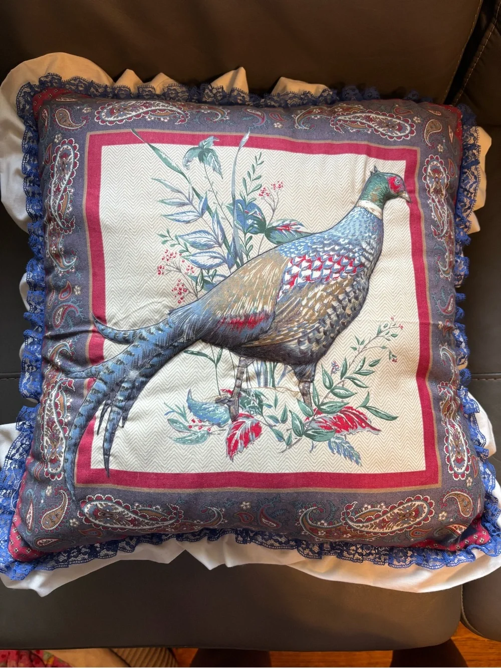 VTG Square Pheasant Bird Pattern Throw Pillow Ruffled Textured Fabric Multicolor